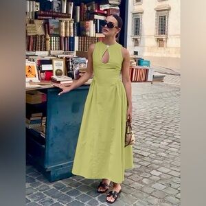 Commense Cotton & Linen Pleated Cutout Long Dress (Green, S)